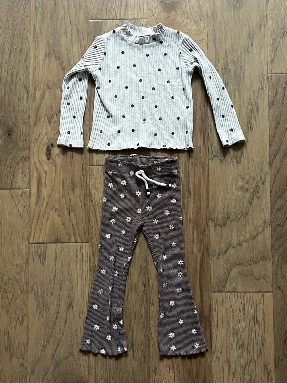 Zara Polka Dot LS Top & Brown Floral Ribbed Pants Bundle Sz 4T